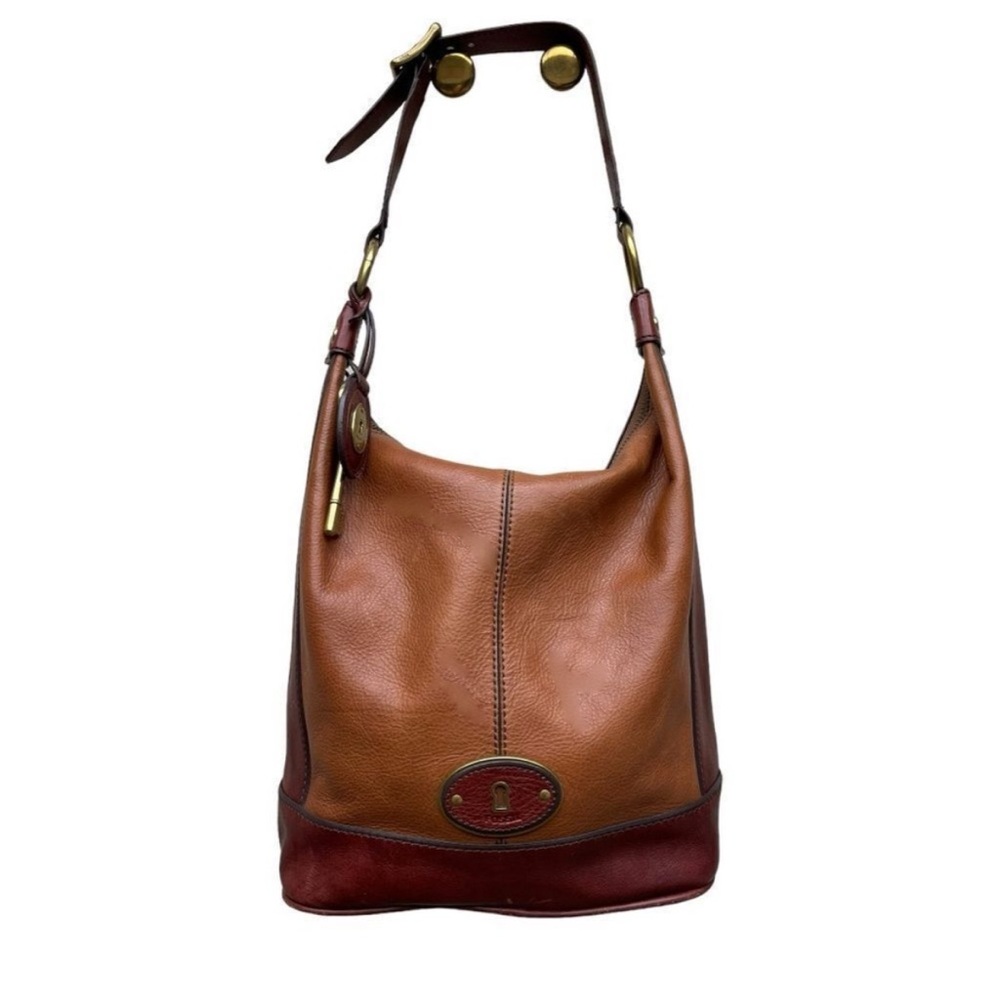 Fossil vintage reissue brown leather hobo bag brass zipper hardware tote shopper
